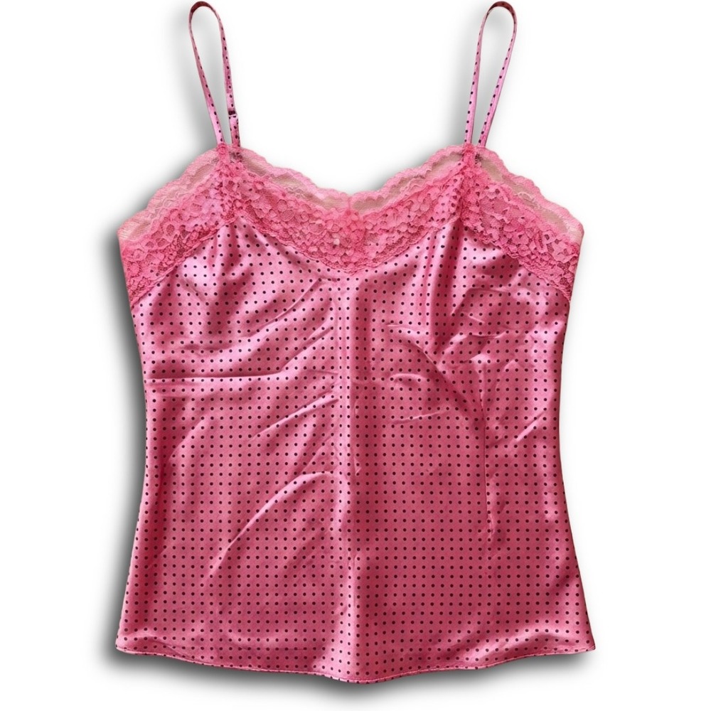Dream Modes Pink Polka Dot Satin Lace Trim Camisole Top Medium
